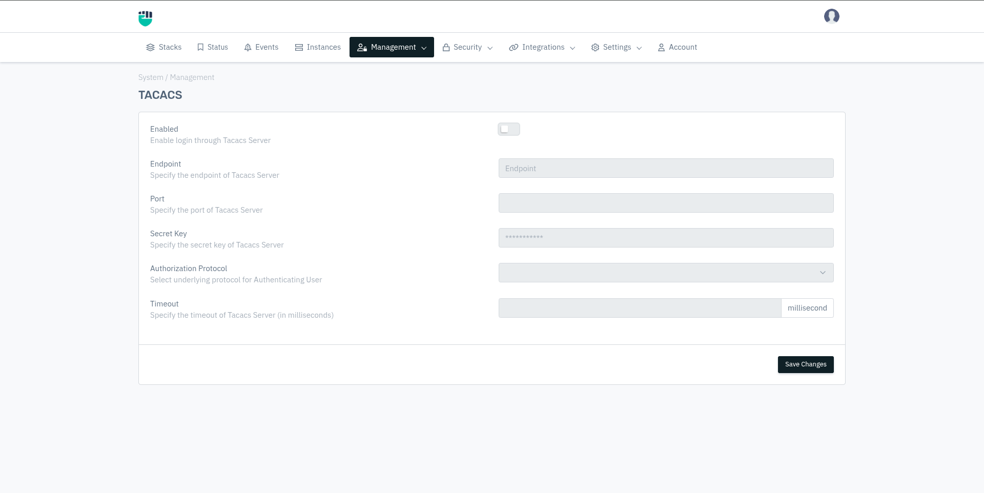 TACACS Settings Page